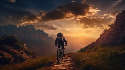 Foto op Canvas young woman riding bicycle on beautiful mountain trail,Cyclist Riding a Mountain Bike in the Rocky Mountains. Extreme Sport Concept. © kiatipol