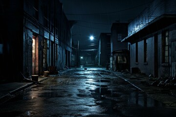 Dark urban alley at night. Generative AI