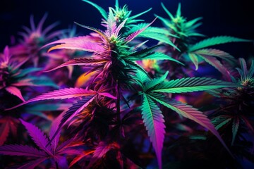 Fototapeta na wymiar Vibrant hemp plant with neon lights - reimagining cannabis farming. Generative AI