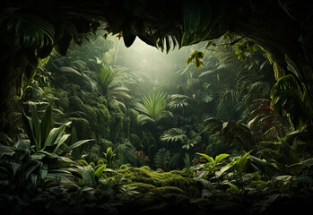 Naklejka premium Ai Generative Beautiful jungle background with border made of tropical leaves backdrop with copy space