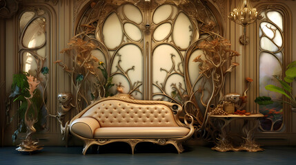 Art Nouveau Living Room with Natural Motifs - obrazy, fototapety, plakaty