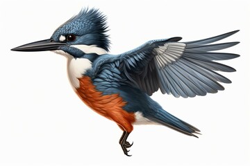 Realistic full body image of a belted kingfisher on a white background. Generative AI