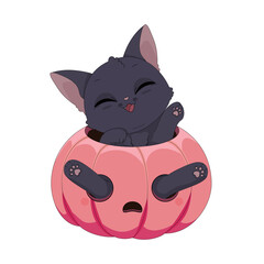 Zabawny czarny kot bawiący się w wydrążonej dyni. Ilustracja na Halloween. Cukierek albo psikus! Uroczy ręcznie rysowany mały kotek. Ilustracja wektorowa. © Monika