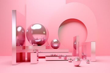 3D presentation scene with metallic shapes on a pink background. Generative AI