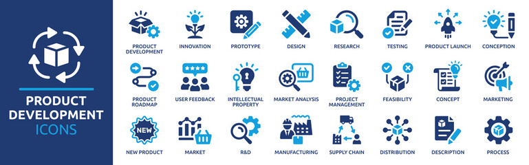 Product development icon set. Containing innovation, prototype, design, research, testing, product launch, conception and marketing icons. Solid icon collection. © Icons-Studio