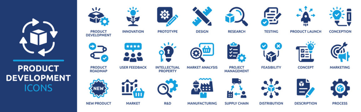 Product development icon set. Containing innovation, prototype, design, research, testing, product launch, conception and marketing icons. Solid icon collection.