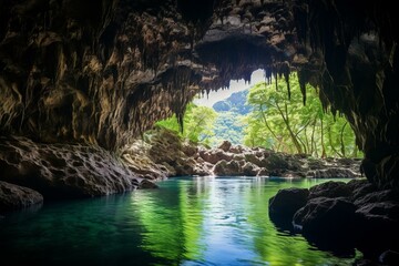 Beautiful limestone cave with lake and lush tropical vegetation in Los Tres Ojos National Park, Dominican Republic. Generative AI