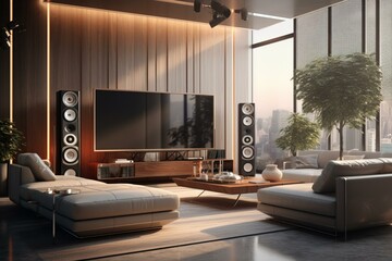 Contemporary lounge with television and audio equipment speaker. Generative AI