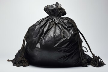 White background with tied black garbage bag full of trash. Generative AI