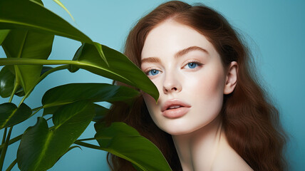 Beautiful woman with tropical green plants