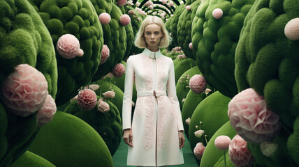 Woman in a surreal beautiful garden