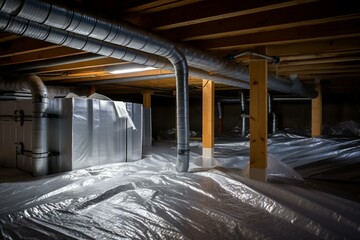 Fully encapsulated crawl space with thermoregulatory blankets, dimple board, and visible radon mitigation system pipes. Energy-saving home improvement concept in the basement. Generative AI - obrazy, fototapety, plakaty
