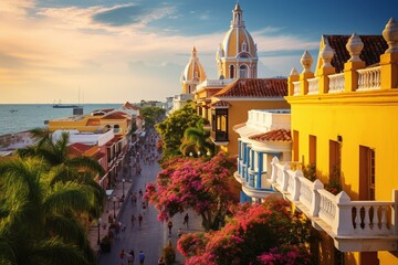 Scenic view of a church and the historic town in Cartagena, Colombia. Generative AI - obrazy, fototapety, plakaty