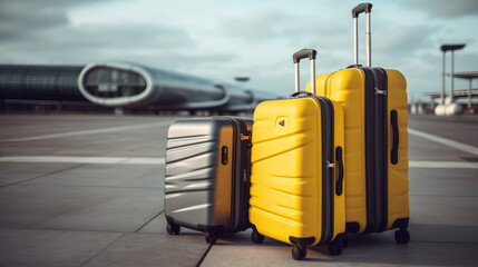 Grey and Yellow Suitcases in the airport, with a plane taking off in the background.