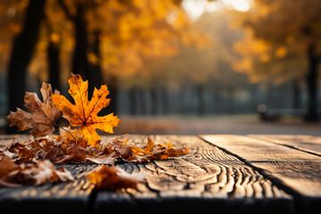 Naklejka na ściany i meble Picture of fall leaves on a wooden table in the forest. AI generative
