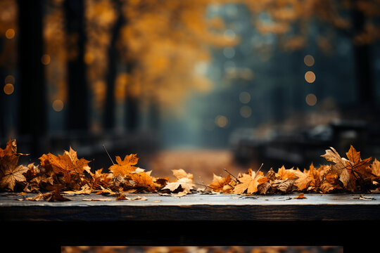 Picture of fall leaves on a wooden table in the forest. AI generative