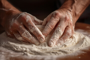 Close-up portrait of hands stirring bread dough in bakery. Man passing flour into bread dough.