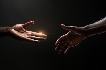 Two male hands reaching towards each other, dark background - obrazy, fototapety, plakaty