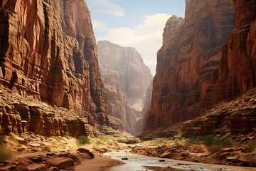 Scenic canyon surrounded by mountains. Generative AI
