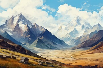 Mountain landscape in Caucasus depicted with imitation oil paint illustration. Generative AI