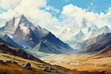 Fotobehang Mountain landscape in Caucasus depicted with imitation oil paint illustration. Generative AI © Hanako