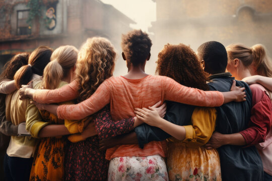 Rearview of diverse people hugging each other.