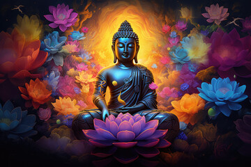glowing golden buddha and 3d multicolored lotus flowers three-dimensional painting background - obrazy, fototapety, plakaty