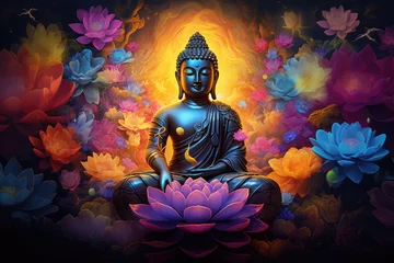 Foto auf Acrylglas glowing golden buddha and 3d multicolored lotus flowers three-dimensional painting background © Kien