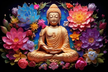 Zelfklevend Fotobehang glowing golden buddha and 3d multicolored lotus flowers three-dimensional painting background © Kien