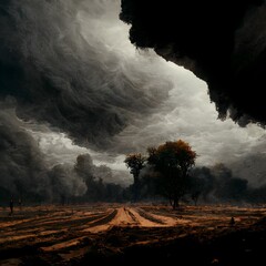 an oppressive ominous dark sheet of clouds premonition for the thunderstorm to come in an arid grey landscape horizon at 13 of the lowest side of the image low angle deserted wasteland with  - obrazy, fototapety, plakaty