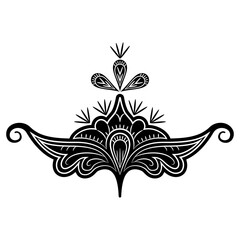 Stylized fantastic flower. Symmetrical floral folk motif. Russian medieval ornament. Black and white silhouette.