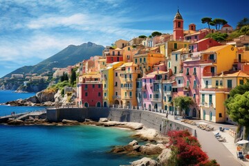 Seaside town in France's Riviera. Generative AI - obrazy, fototapety, plakaty