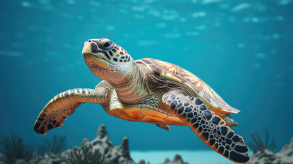 Fancy Sea turtle,  advertising photography,   Pastel color palette background