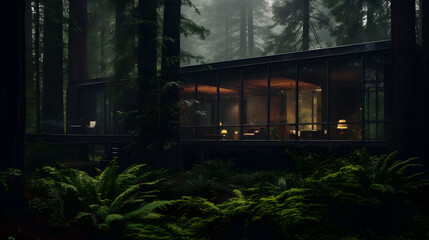 Modern Glass House in the Woods Forest Old Trees