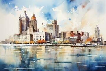 A watercolor sketch showcasing the Detroit skyline in downtown area. Generative AI - obrazy, fototapety, plakaty