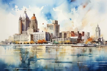 Foto op Canvas A watercolor sketch showcasing the Detroit skyline in downtown area. Generative AI © Esme