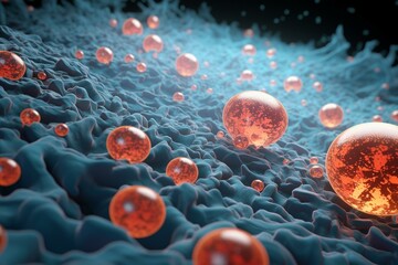 3D rendering of adipose cells containing cholesterol and molecular structures, along with receptors on cell surfaces. Generative AI - obrazy, fototapety, plakaty