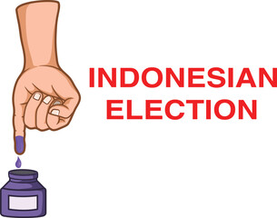 Hand with Pinkie finger dipped in ink or tint with blue color, as a sign has voted. Vector illustration of little finger inked with slogan Indonesian Election.