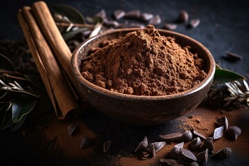 tasty and healthy alternative to chocolate with carob chocolate and carob fruit powder on dark background. Generative AI - obrazy, fototapety, plakaty