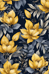 Dark background of large yellow flower leaf with navy blue leaves. seamless pattern