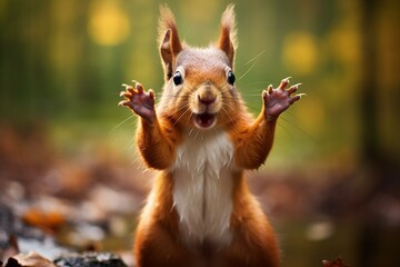 a funny squirrel with its front paws raised, standing on a see-through background. Generative AI - obrazy, fototapety, plakaty
