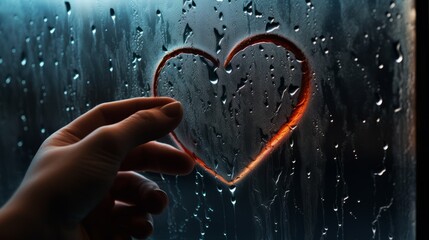 abstract wet raindrops dripping down from the window glass after a rainy day. person hand drawing shape of a heart with finger. wallpaper texture background design for ad and web use. Generative AI