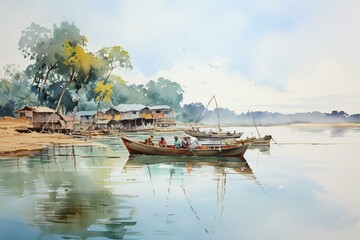 Impressionist watercolor painting of a Mekong river port landscape. Generative AI