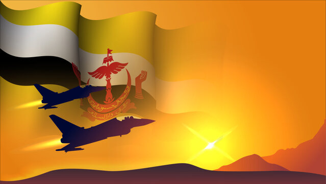fighter jet plane with brunei waving flag background design with sunset view suitable for national brunei air forces day event