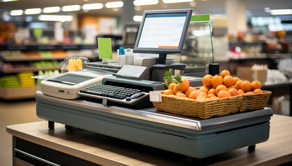 cash register in the supermarket - obrazy, fototapety, plakaty