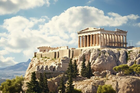 Ancient Greek ruins at Acropolis, Athens. Generative AI