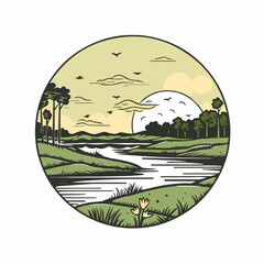 simple circular logo of swamp landscape - obrazy, fototapety, plakaty