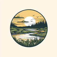 simple circular logo of swamp landscape