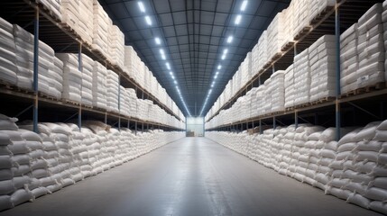 Organized Warehouse: Vast Interior with Stacked White Bags
