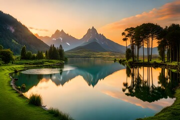 Water lake in a forest and mountains passing in between the green trees showing richness of nature with rays of sun crossing the trees - obrazy, fototapety, plakaty